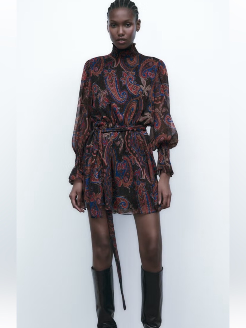 Zara Black Paisley Long-Sleeve Mini Dress with Multicolor Print
